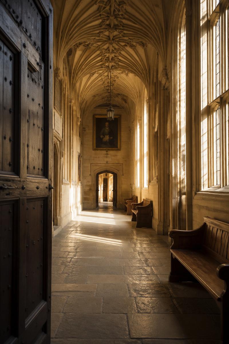 A sunlit limestone college hallway with heavy oak doors